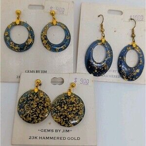 (3) Pair Pierced 23K Hammered Gold   Earrings Heart Oval Loop Blue Gold